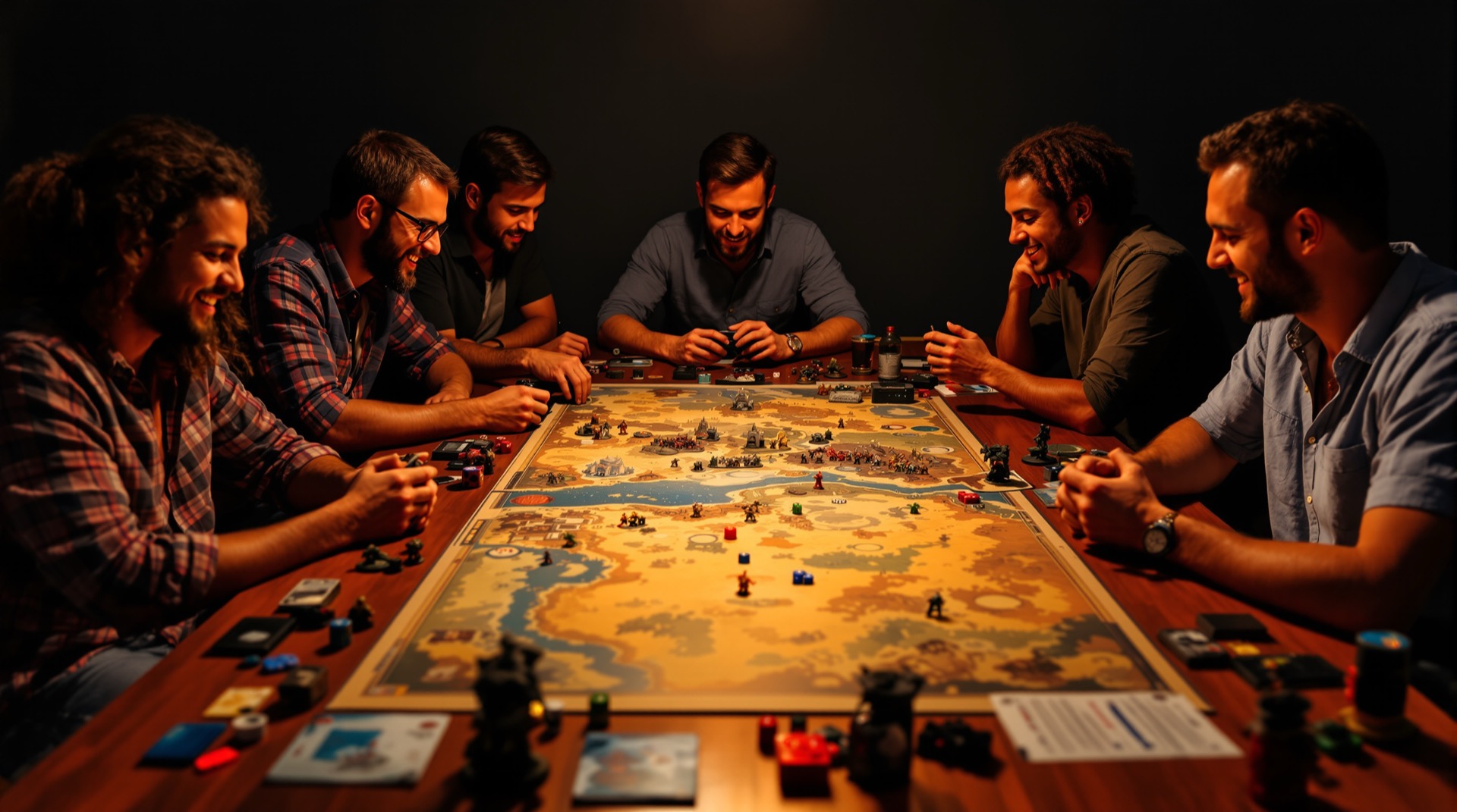 Diverse group of gamers around a table full of board games, dice and miniatures