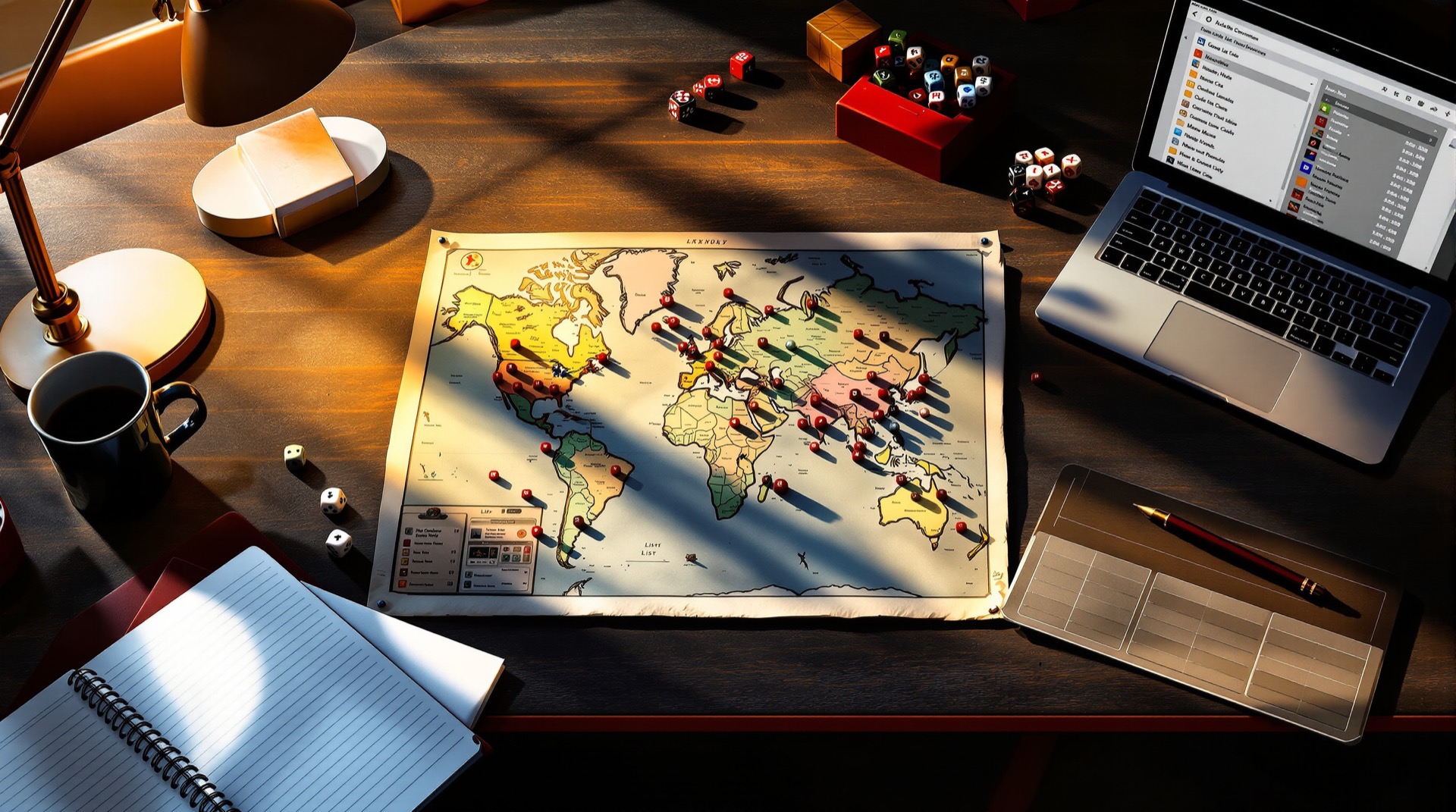 Editor's desk with a world map, dice and notebook for curating a game convention directory