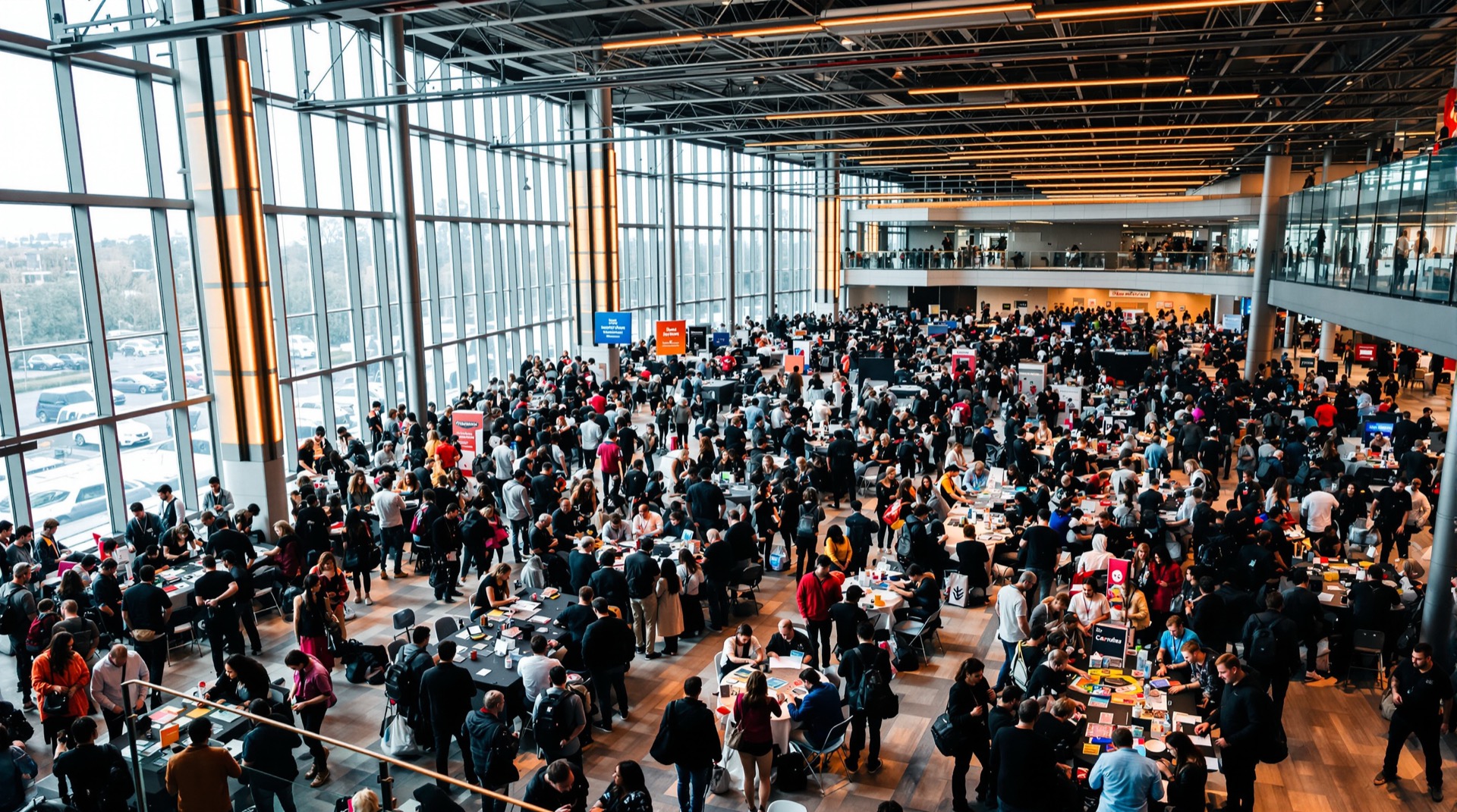 Vibrant Canadian game convention with a diverse crowd in a glass-walled centre