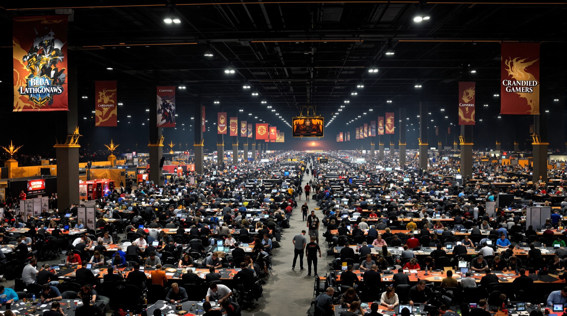 Huge Midwestern tabletop game convention filling a downtown convention hall