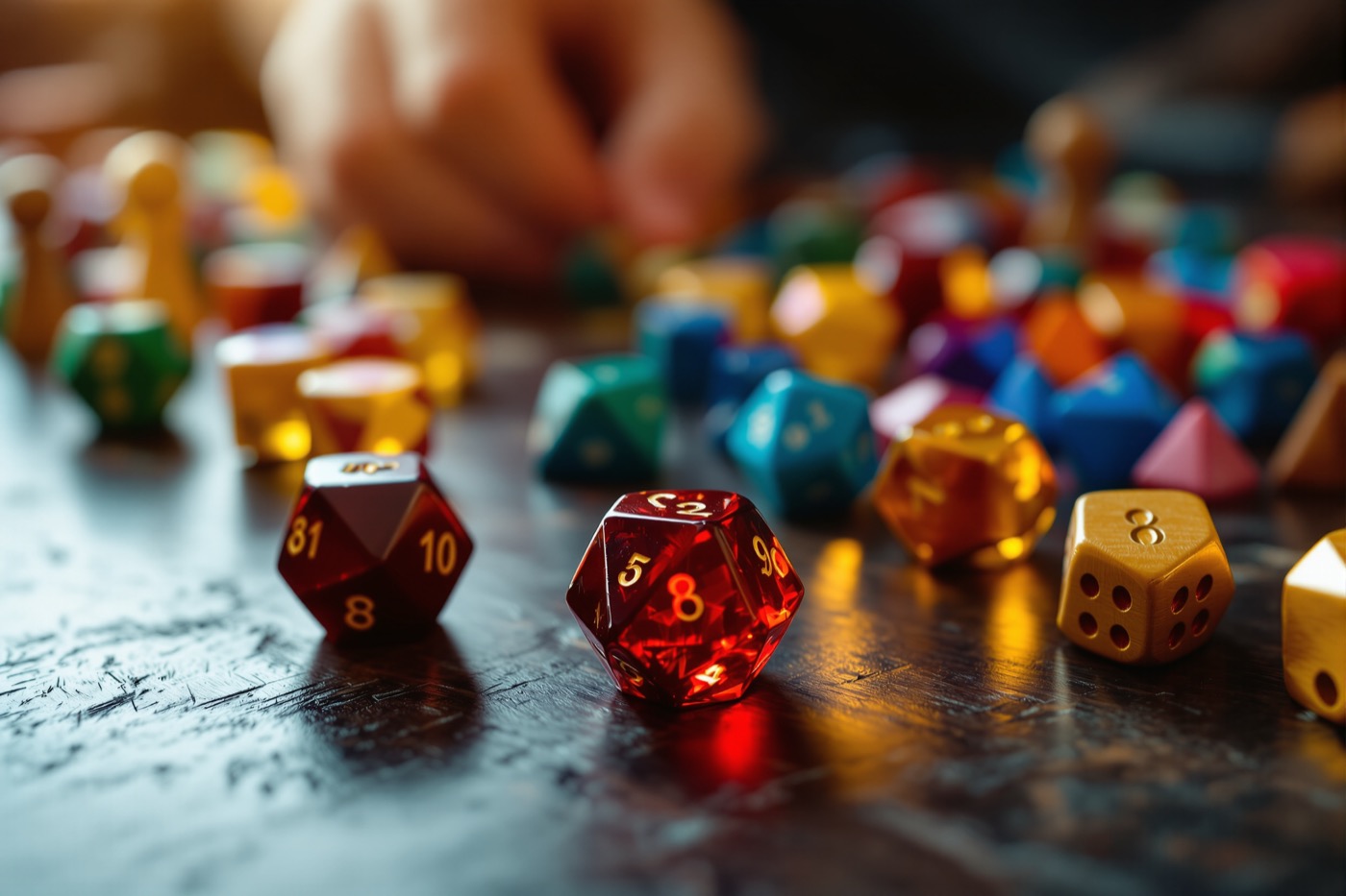 Close-up of polyhedral dice and meeples on a game table at a convention