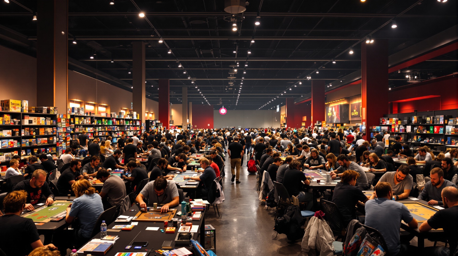 Crowded tabletop game convention hall with gamers playing board games under warm lighting