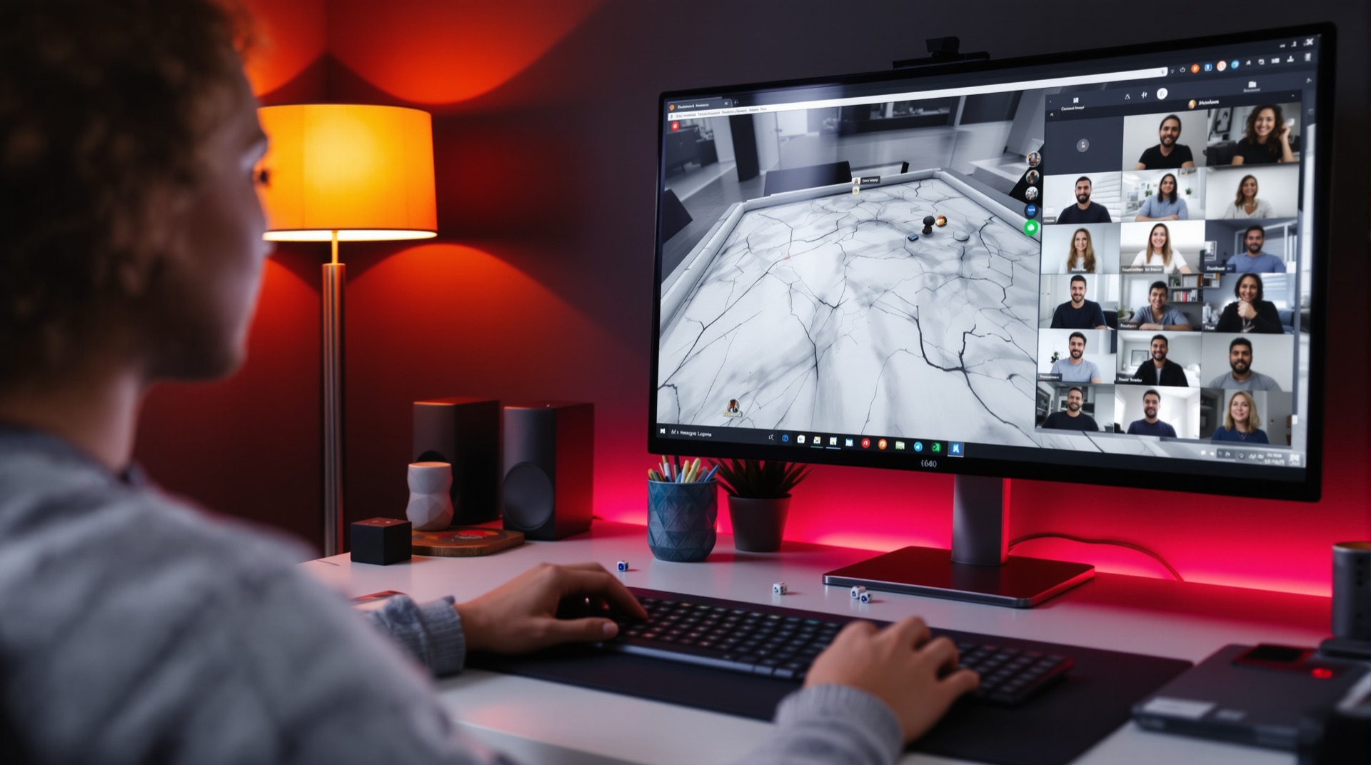 Person joining an online game convention from a cosy home desk setup