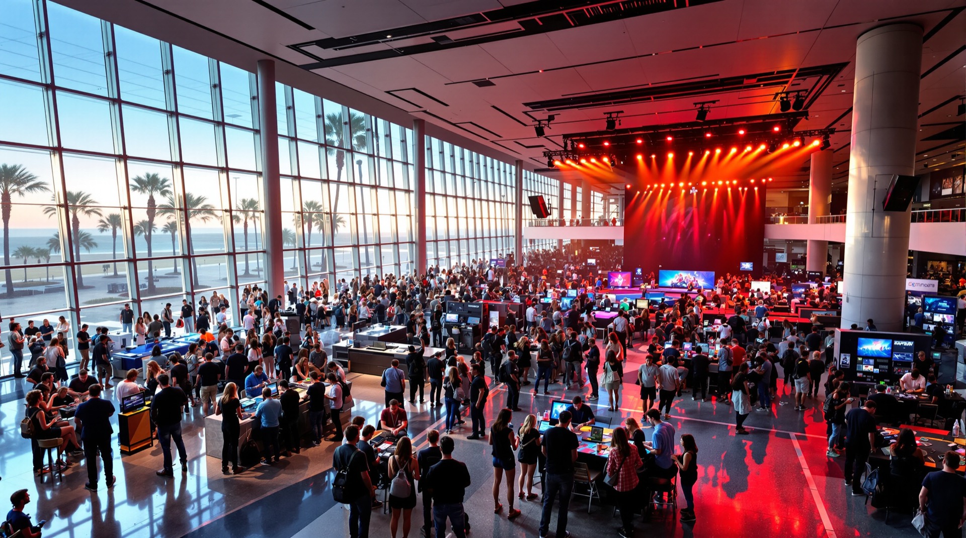 West Coast video-game and tabletop expo with a diverse crowd at gaming stations
