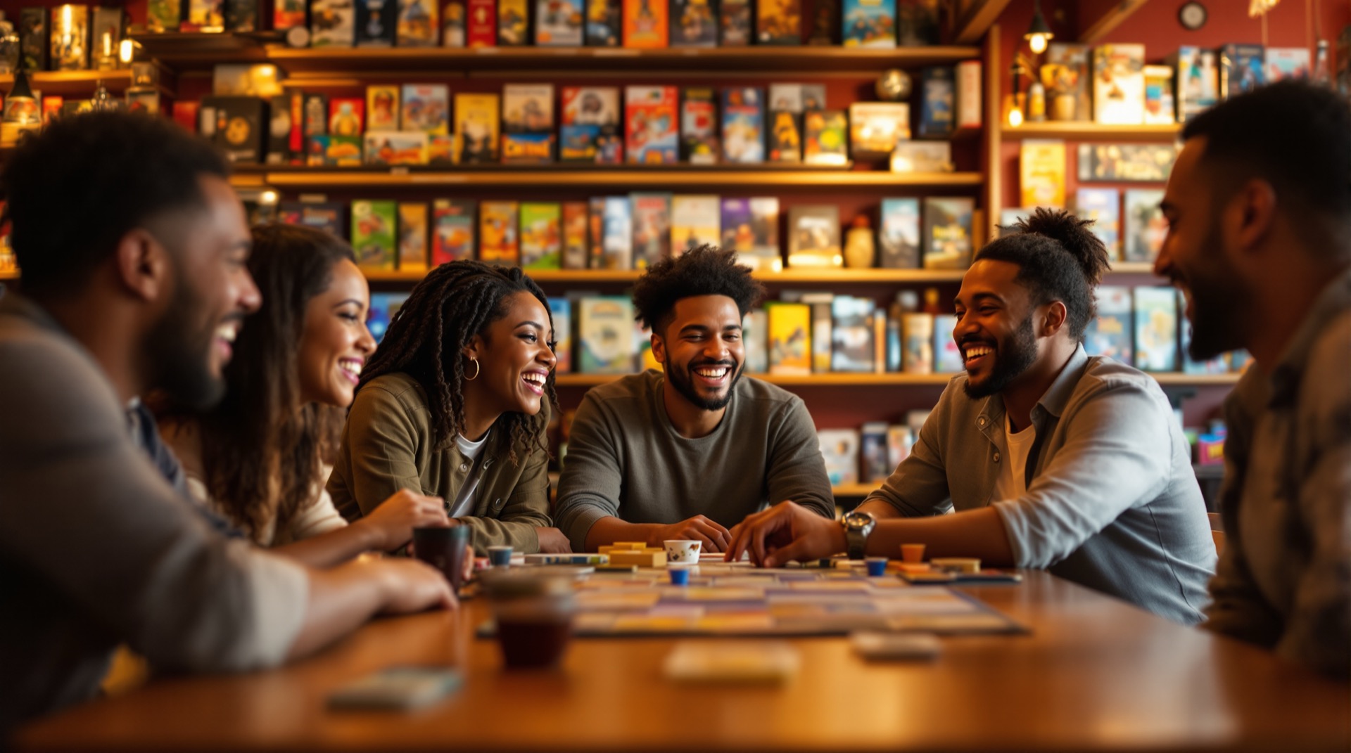 Diverse friends playing a board game together in a friendly local game store