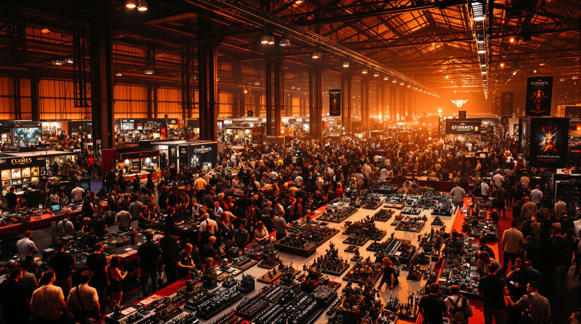 Large British games expo with a miniature wargaming demonstration table