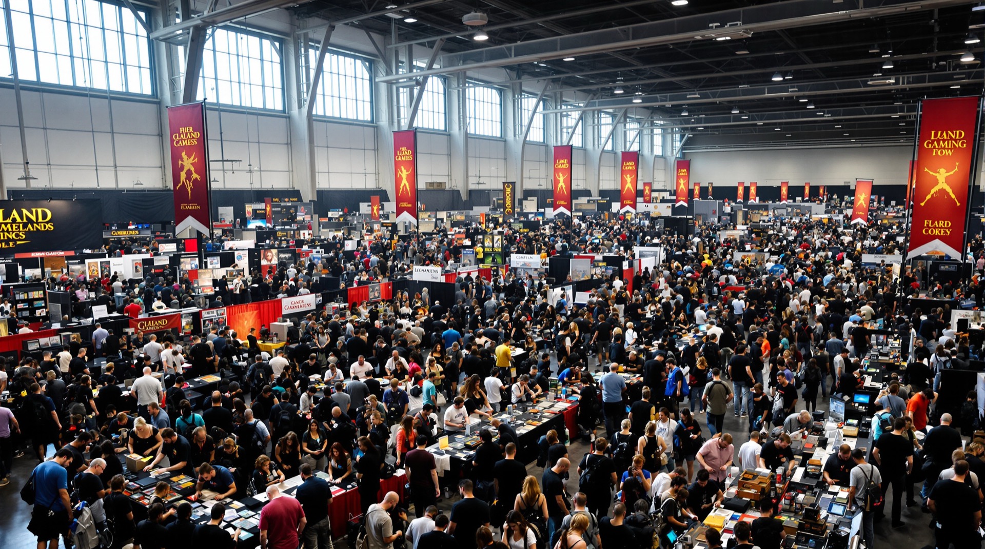 Diverse crowd browsing a large American game convention exhibit hall